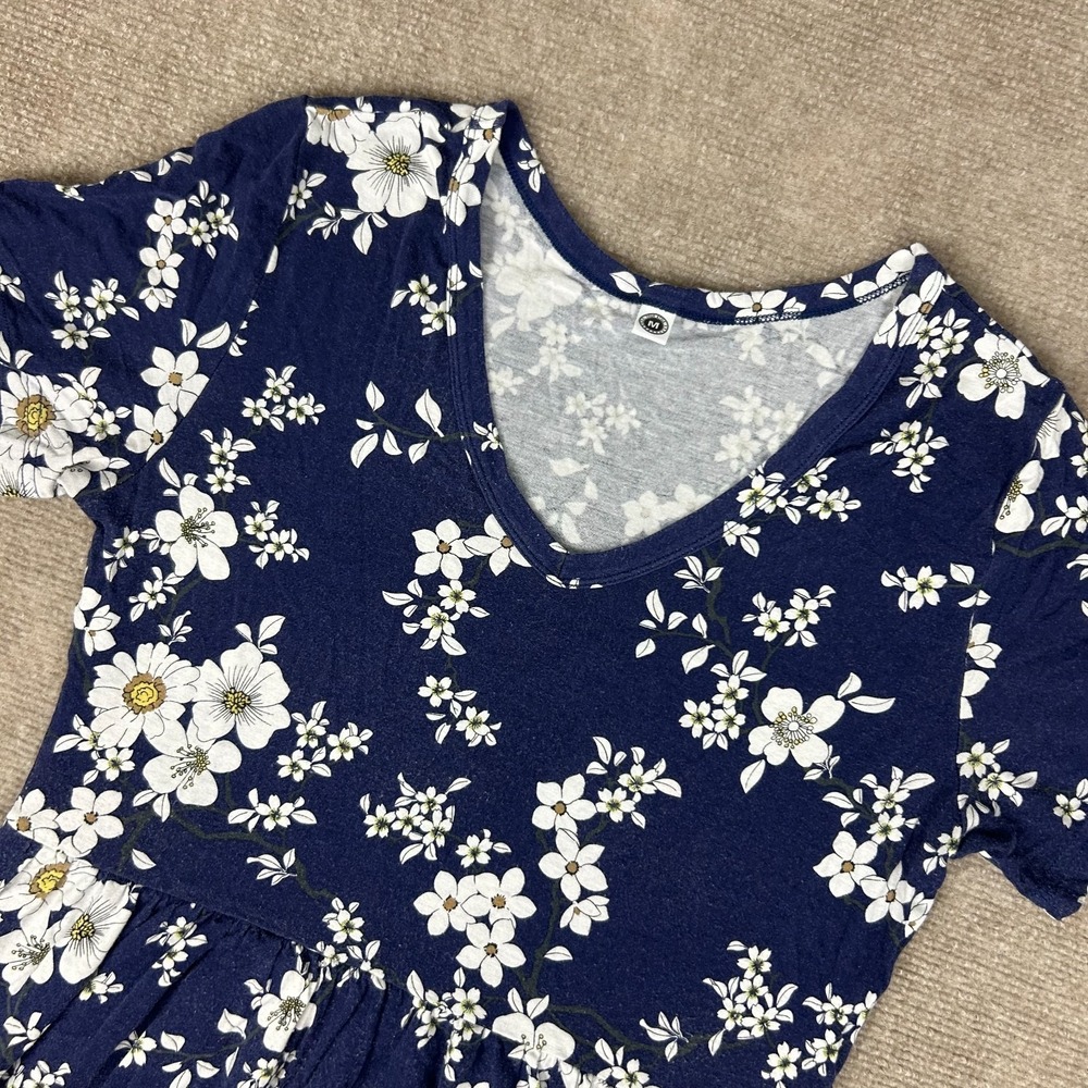 Your Style A Line Dress Womens Medium Navy White Ditsy Floral Chic Short Sleeve